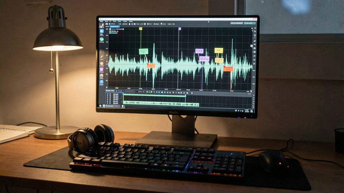 A video editing desk at night, waveform display filling the monitor at one second across, marker flags on the breaths, a pair of studio headphones resting on the keyboard, single warm lamp from the left, medium shot from slightly above.