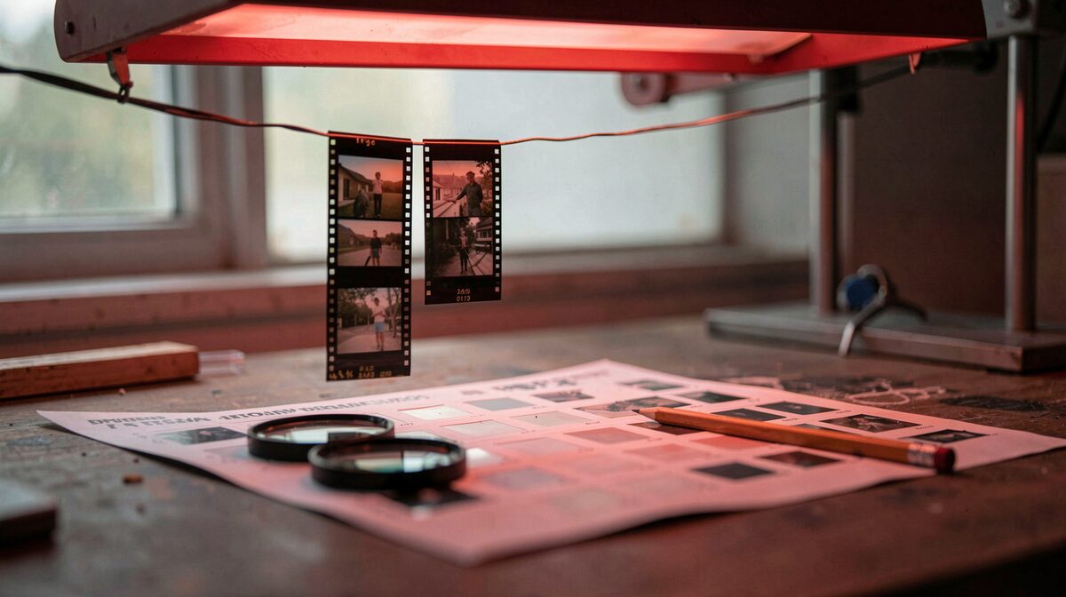A darkroom workbench with a strip of 35mm negatives hanging from a line, a loupe and a pencil resting on a contact sheet under a safelight.