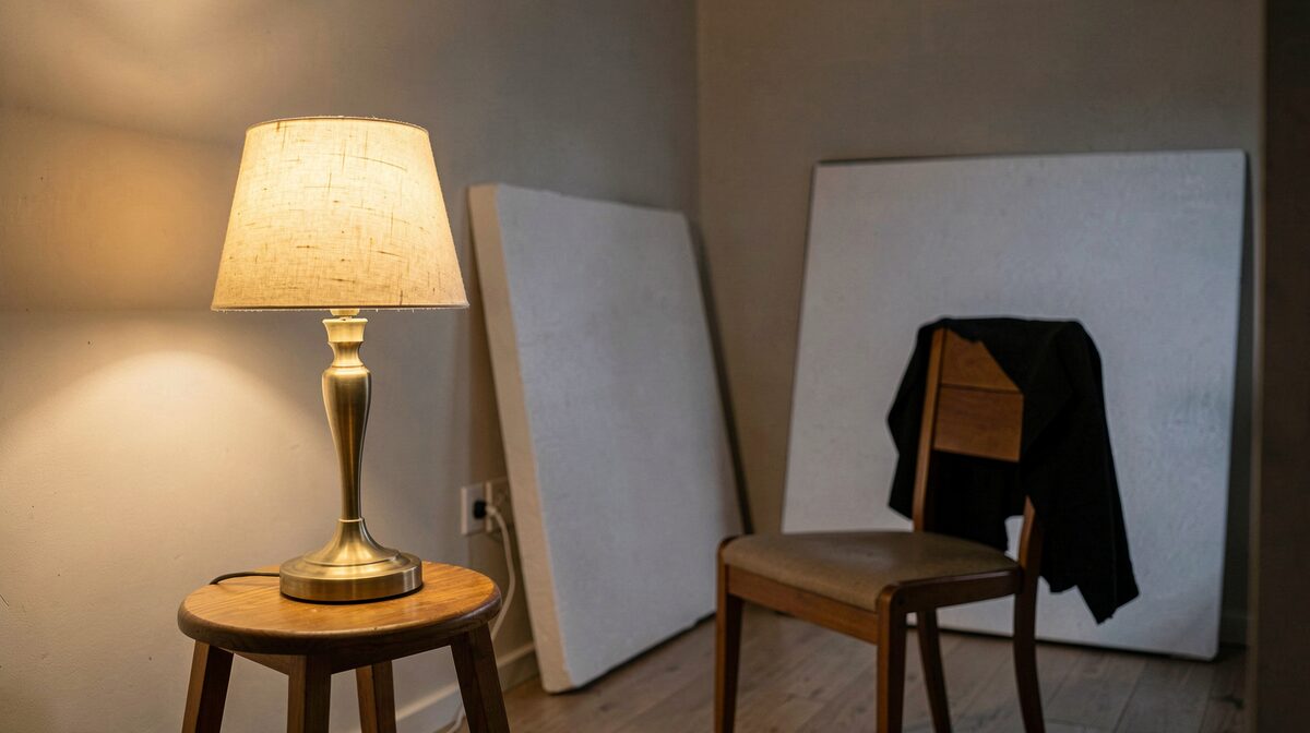 A single tungsten table lamp with a fabric shade placed on a wooden stool at the edge of frame, angled toward an empty chair in a small room at night, with a white foam board reflector leaning against the opposite wall and a black cloth draped over a chair back on the shadow side.