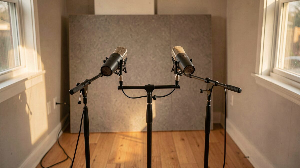 A pair of small-diaphragm condenser microphones on a stereo bar in a narrow home studio, angled outward at ear height, with a mineral wool panel leaning against the back wall and a wooden floor visible under warm afternoon light from a side window.