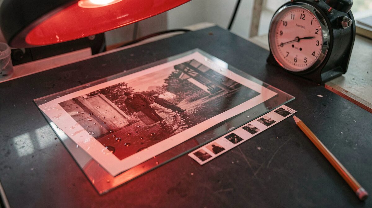 A darkroom bench under a safelight, a wet fibre print lying face up on a glass sheet with a test strip beside it, a pencil and a timer at the edge of the frame, shot from slightly above at 35 mm.
